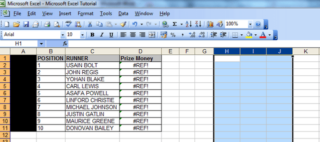 An image showing what happens when there is no data at all in your table array – the #REF error. 