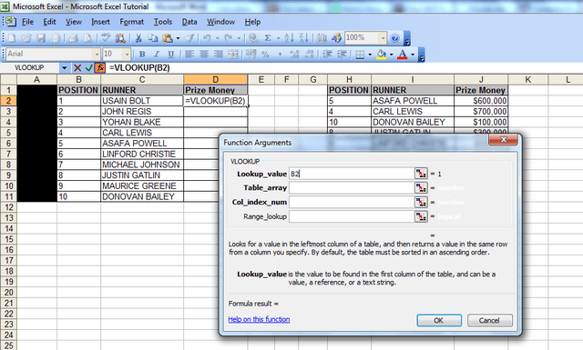 A screenshot showing the “function arguments” window and the lookup value populated with cell B2 (our first vlookup value). 