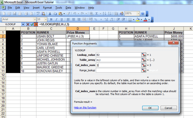 A screenshot showing the “function arguments” window, the lookup value with cell B2, the data for the table array – columns H to J and the column index number – 3. 
