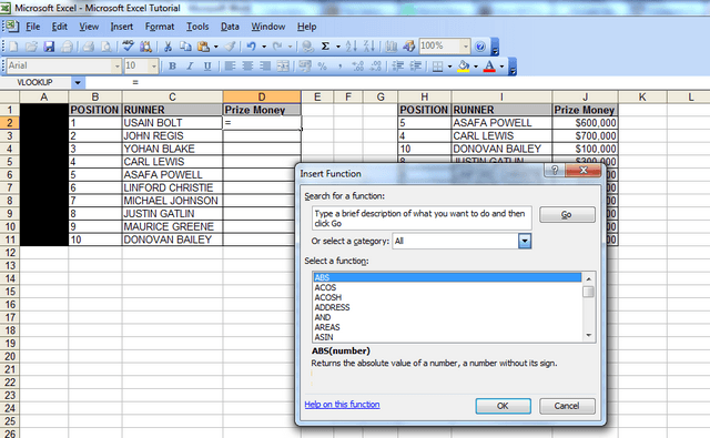 A screenshot showing the “insert function” window with all functions assorted in alphabetical order. 