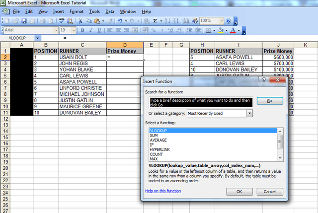 A screenshot showing the “insert function” window and the vlookup function highlighted as one of the “most recently used” functions.