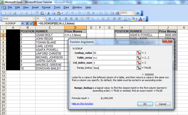 A screenshot showing the “function arguments” window, the lookup value with cell B2, the data for the table array – columns H to J, the column index number – 3 and the range lookup field populated with the word “false”, which it should always be. 