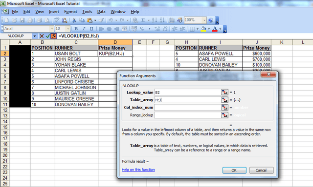 A screenshot showing the “function arguments” window, the lookup value populated with cell B2 (our first vlookup value) and the data for the table array – columns H to J. 