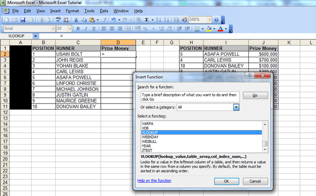 A screenshot showing the “insert function” window with all functions but the vlookup function highlighted at the bottom 