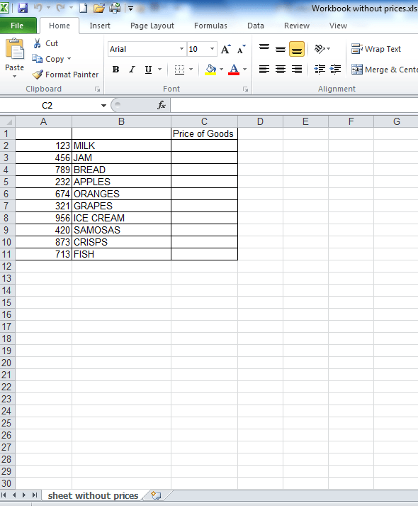 An image showing a list of foods in column B with unique IDs in column A, but not cost information in col. C