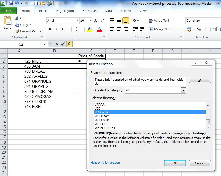 An image showing All functions in the “insert function” window, with the vlookup at the bottom. 