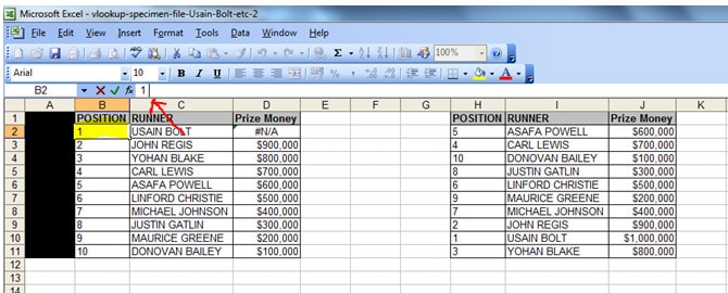 Two tables. Cell B2 in the table on the left hand side has a dash at the end of the number 1 which causes the vlookup to fail and have an #N/A error.