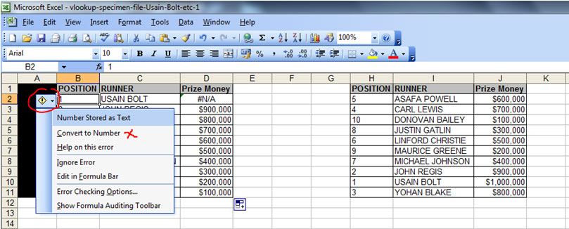 An illustration of the “number stored as text” error. Solution is to right click on the erroneous cell and click “convert to number”.