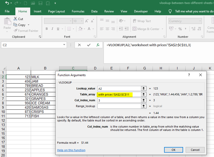 vlookup Function Arguments window in Microsoft Excel. 
