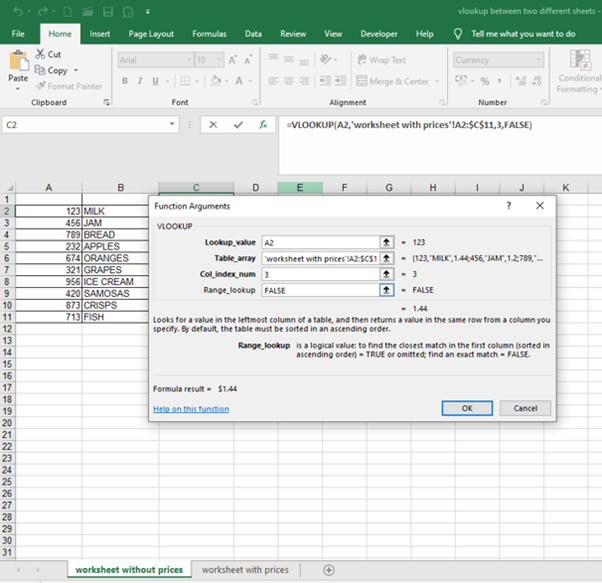 vlookup Function Arguments window