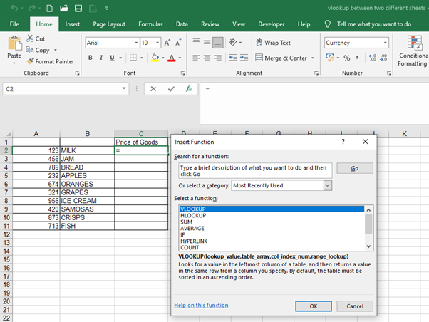 Insert Function window in Microsoft Excel 