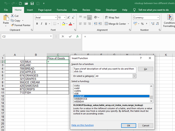 Insert Function window showing the vlookup function in Excel.