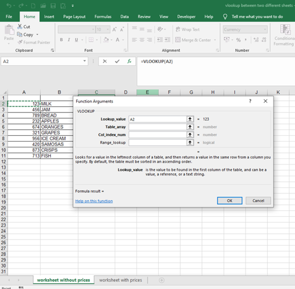 vlookup Function Arguments window 