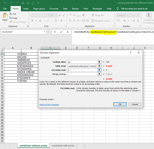 vlookup Function Arguments window